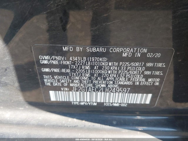 45894538 :رقم المزاد ، JF2GTAEC2LH249597 vin ، 2020 Subaru Crosstrek Premium مزاد بيع
