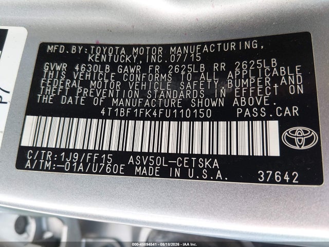 45894541 :رقم المزاد ، 4T1BF1FK4FU110150 vin ، 2015 Toyota Camry Se مزاد بيع