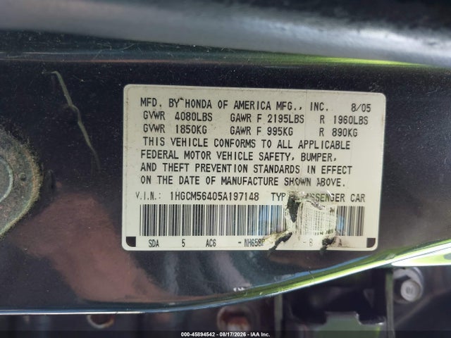Aukcja sprzedaży 2005 Honda Accord 2.4 Lx, vin: 1HGCM56405A197148, numer aukcji: 45894542