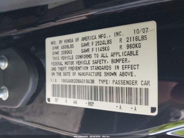 Продаж на аукціоні авто 2008 Acura Tl 3.2, vin: 19UUA66208A019438, номер лоту: 45894546