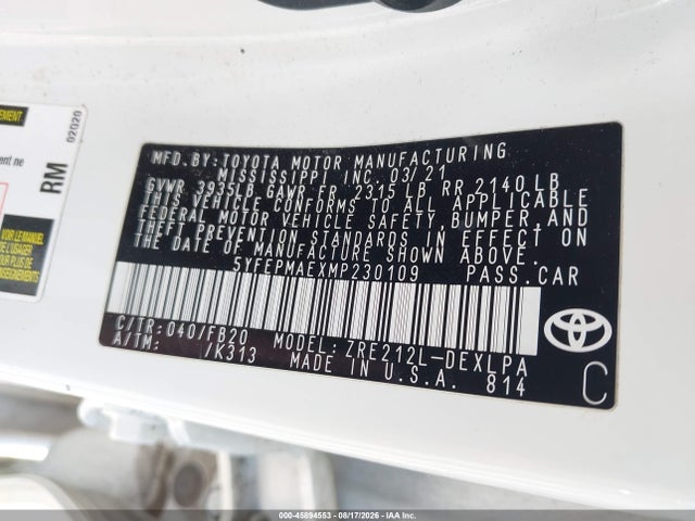 45894553 :رقم المزاد ، 5YFEPMAEXMP230109 vin ، 2021 Toyota Corolla Le مزاد بيع
