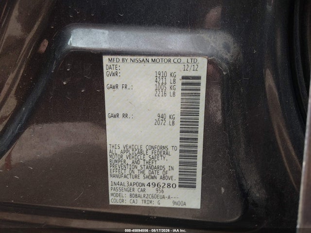 Aukcja sprzedaży 2013 Nissan Altima 2.5 S, vin: 1N4AL3AP0DN496280, numer aukcji: 45894556