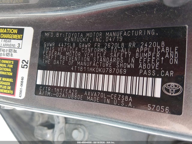 Продаж на аукціоні авто 2019 Toyota Camry Se, vin: 4T1B11HK0KU787069, номер лоту: 45894559