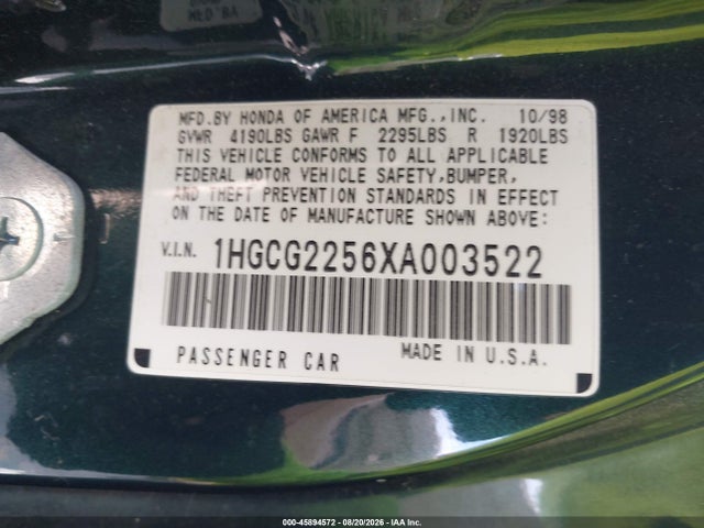 Продаж на аукціоні авто 1999 Honda Accord Ex V6, vin: 1HGCG2256XA003522, номер лоту: 45894572