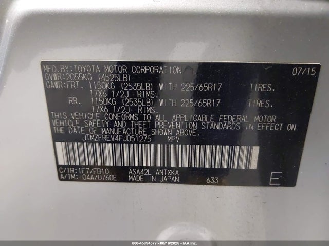 Продажа на аукционе авто 2015 Toyota Rav4 Le, vin: JTMZFREV4FJ051275, номер лота: 45894577