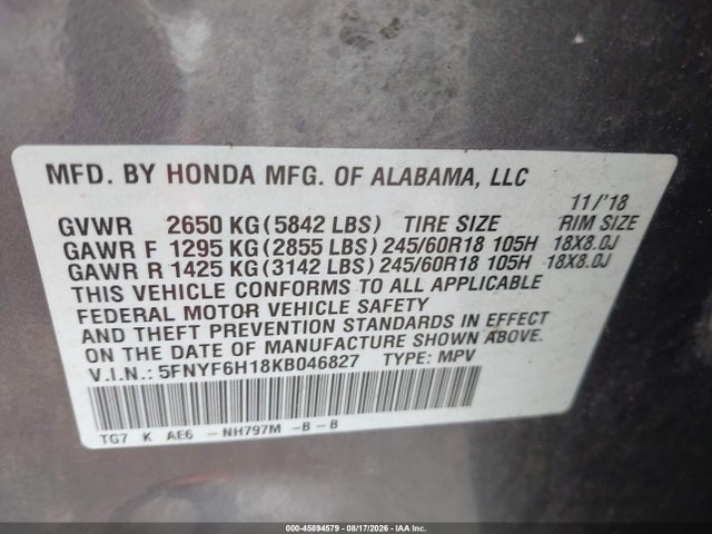 Продаж на аукціоні авто 2019 Honda Pilot Lx, vin: 5FNYF6H18KB046827, номер лоту: 45894579
