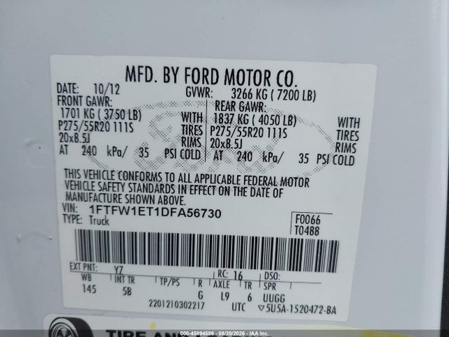 45894586 :رقم المزاد ، 1FTFW1ET1DFA56730 vin ، 2013 Ford F-150 Fx4 مزاد بيع