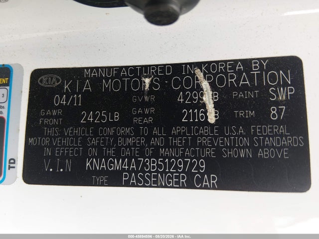 45894596 :رقم المزاد ، KNAGM4A73B5129729 vin ، 2011 Kia Optima Lx مزاد بيع