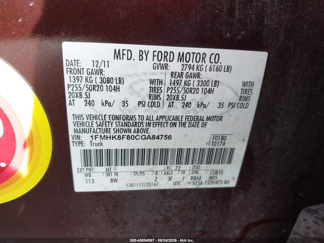 45894597 :رقم المزاد ، 1FMHK8F80CGA84756 vin ، 2012 Ford Explorer Limited مزاد بيع