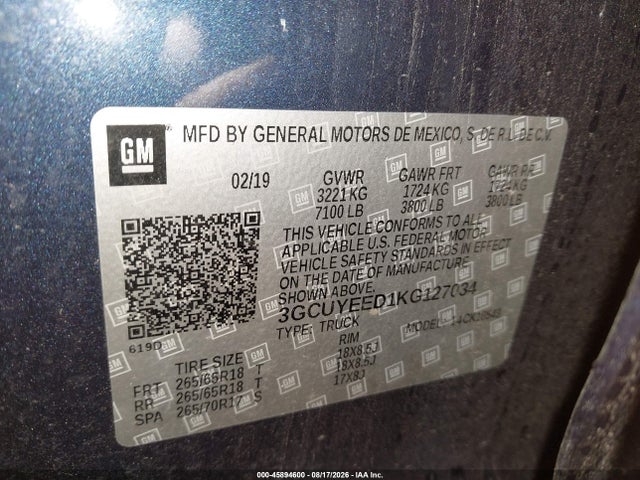 2019 Chevrolet Silverado 1500 Rst მანქანა იყიდება აუქციონზე, vin: 3GCUYEED1KG127034, აუქციონის ნომერი: 45894600