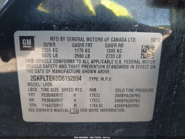 Продажа на аукционе авто 2013 Gmc Terrain Sle-2, vin: 2GKFLTEK6D6192894, номер лота: 45894603