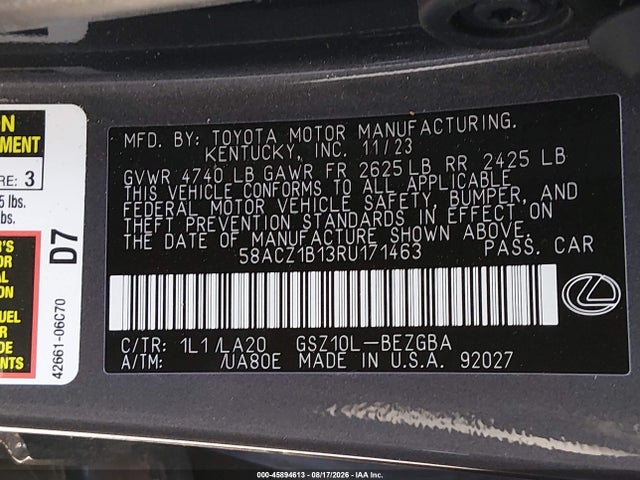Продажа на аукционе авто 2024 Lexus Es 350, vin: 58ACZ1B13RU171463, номер лота: 45894613