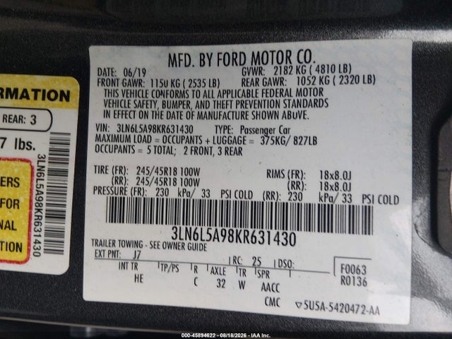 Aukcja sprzedaży 2019 Lincoln Mkz Standard, vin: 3LN6L5A98KR631430, numer aukcji: 45894622