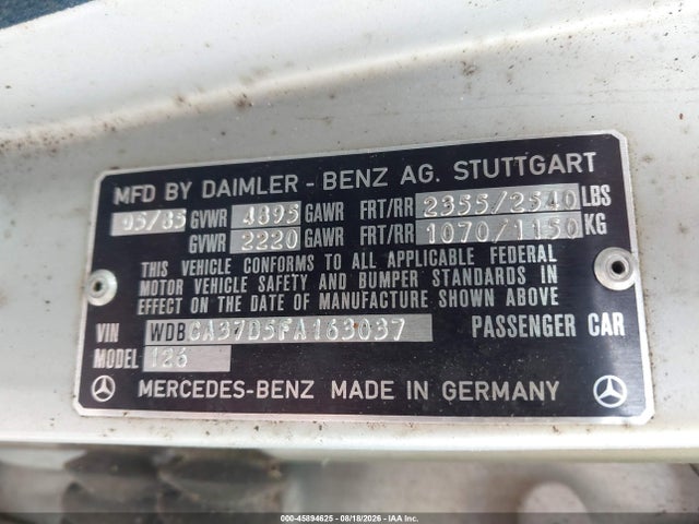 1985 Mercedes-benz 500 Sel მანქანა იყიდება აუქციონზე, vin: WDBCA37D5FA163037, აუქციონის ნომერი: 45894625