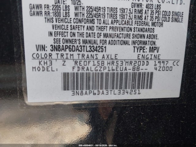 2026 Nissan Kicks Sr მანქანა იყიდება აუქციონზე, vin: 3N8AP6DA3TL334251, აუქციონის ნომერი: 45894631