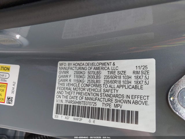 Продаж на аукціоні авто 2026 Honda Cr-v Hybrid Awd Sport-l, vin: 7FARS6H86TE070725, номер лоту: 45894643
