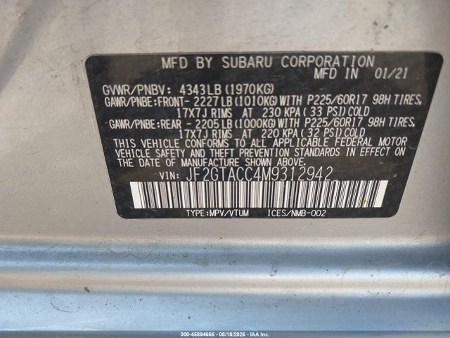 Продажа на аукционе авто 2021 Subaru Crosstrek Premium, vin: JF2GTACC4M9312942, номер лота: 45894666