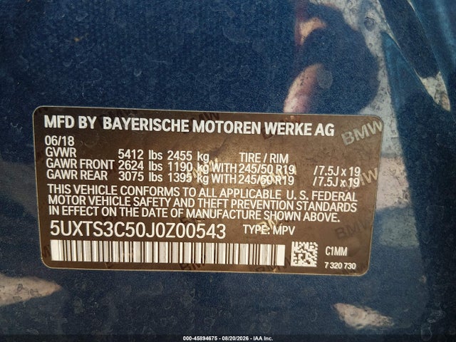 Продаж на аукціоні авто 2018 Bmw X3 M40i, vin: 5UXTS3C50J0Z00543, номер лоту: 45894675