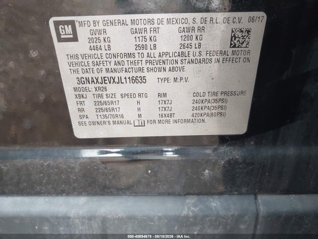 45894678 :رقم المزاد ، 3GNAXJEVXJL116635 vin ، 2018 Chevrolet Equinox Lt مزاد بيع