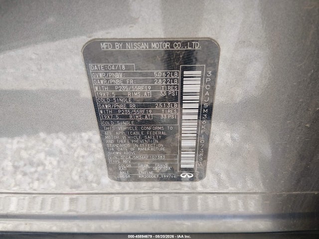 Aukcja sprzedaży 2019 Infiniti Qx50 Essential, vin: 3PCAJ5M36KF107383, numer aukcji: 45894679