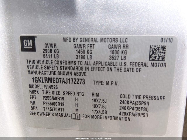 Auction sale of the 2010 Gmc Acadia Slt-1, vin: 1GKLRMED7AJ172273, lot number: 45894681