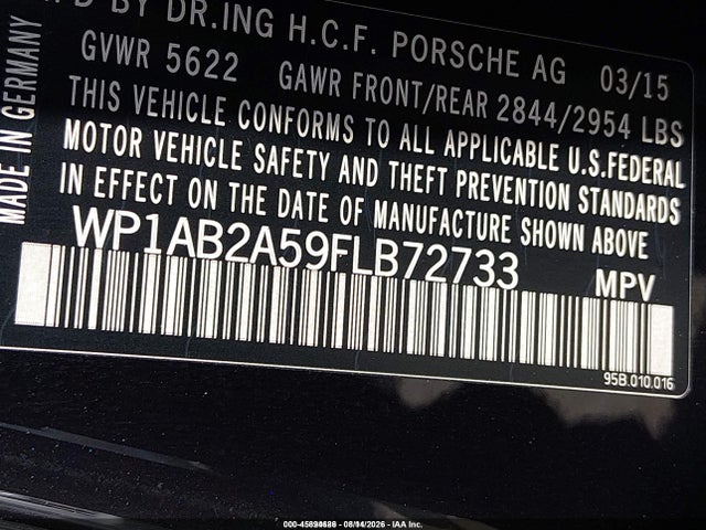 45894686 :رقم المزاد ، WP1AB2A59FLB72733 vin ، 2015 Porsche Macan S مزاد بيع
