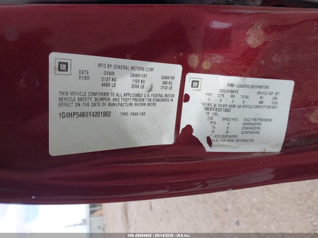 2000 Buick Lesabre Custom მანქანა იყიდება აუქციონზე, vin: 1G4HP54K6Y4201862, აუქციონის ნომერი: 45894688