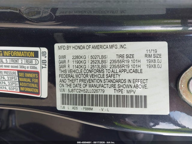 2020 Acura Rdx Technology Package მანქანა იყიდება აუქციონზე, vin: 5J8TC2H52LL026779, აუქციონის ნომერი: 45894691