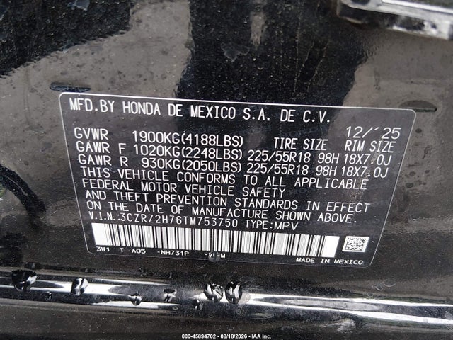 Aukcja sprzedaży 2026 Honda Hr-v Awd Ex-l, vin: 3CZRZ2H76TM753750, numer aukcji: 45894702