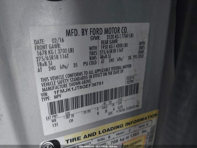 45894703 :رقم المزاد ، 1FMJK1JT8GEF36751 vin ، 2016 Ford Expedition El Xlt مزاد بيع