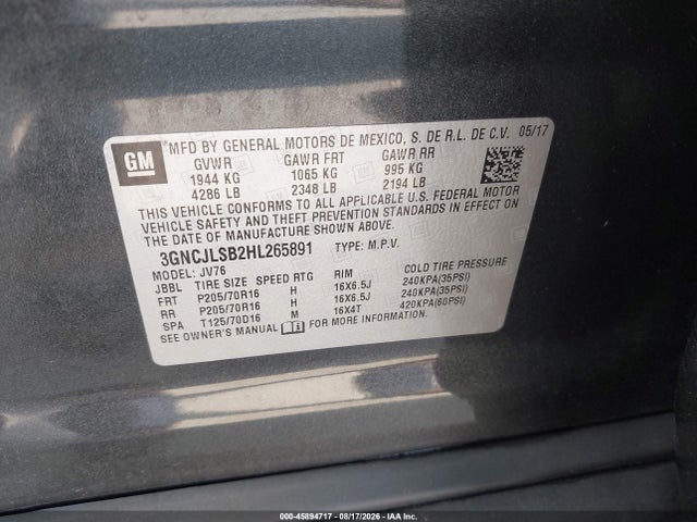 45894717 :رقم المزاد ، 3GNCJLSB2HL265891 vin ، 2017 Chevrolet Trax Lt مزاد بيع