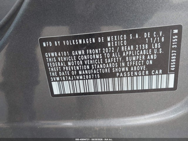 Продаж на аукціоні авто 2017 Volkswagen Jetta 1.4t S, vin: 3VW167AJ1HM280715, номер лоту: 45894721