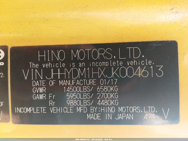 Продажа на аукционе авто 2018 Hino Xjc720/xfc720, vin: JHHYDM1HXJK004613, номер лота: 45894722
