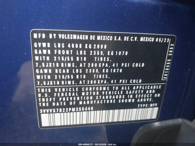 45894727 :رقم المزاد ، 3VVVX7B22PM355446 vin ، 2023 Volkswagen Taos 1.5t Se مزاد بيع