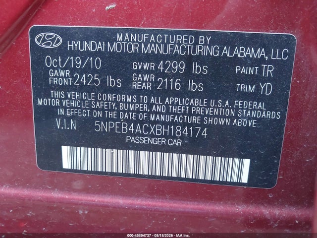 Aukcja sprzedaży 2011 Hyundai Sonata Gls, vin: 5NPEB4ACXBH184174, numer aukcji: 45894737