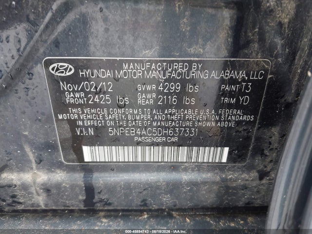 2013 Hyundai Sonata Gls მანქანა იყიდება აუქციონზე, vin: 5NPEB4AC5DH637331, აუქციონის ნომერი: 45894743
