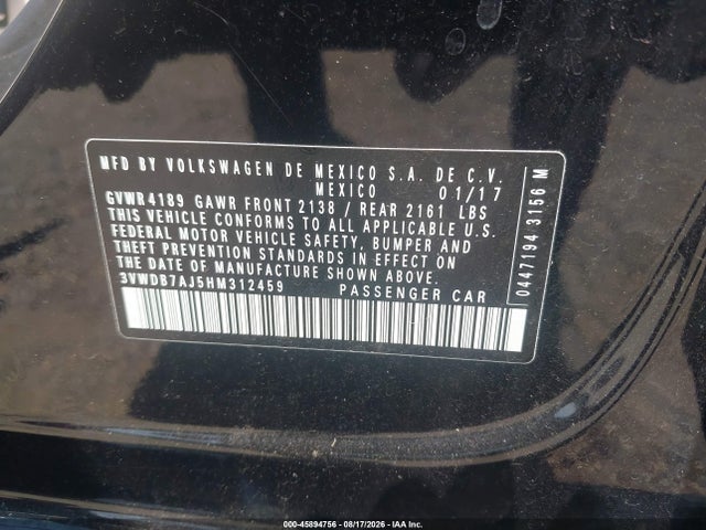 Продаж на аукціоні авто 2017 Volkswagen Jetta 1.4t Se, vin: 3VWDB7AJ5HM312459, номер лоту: 45894756