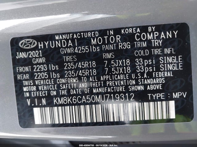 2021 Hyundai Kona Night მანქანა იყიდება აუქციონზე, vin: KM8K6CA50MU719312, აუქციონის ნომერი: 45894758