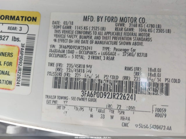 Продажа на аукционе авто 2018 Ford Fusion Titanium, vin: 3FA6P0D92JR226241, номер лота: 45894772