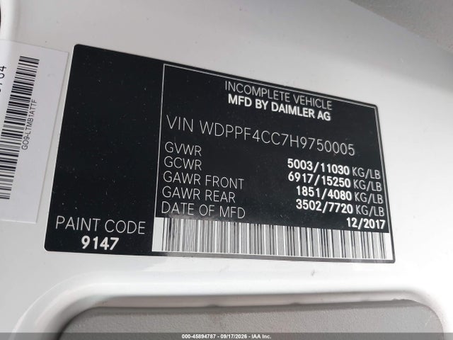 45894787 :رقم المزاد ، WDPPF4CC7H9750005 vin ، 2017 Freightliner Sprinter 3500 مزاد بيع