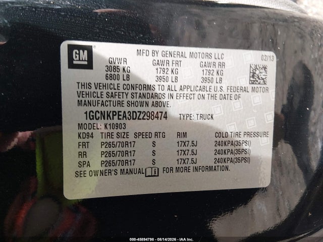 2013 Chevrolet Silverado 1500 Work Truck მანქანა იყიდება აუქციონზე, vin: 1GCNKPEA3DZ298474, აუქციონის ნომერი: 45894798