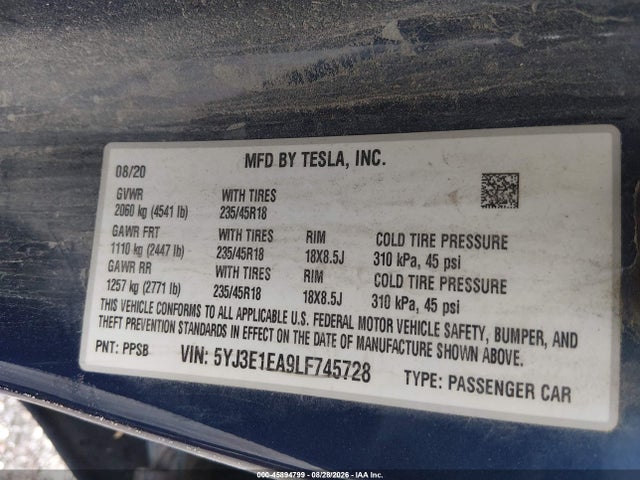 Продажа на аукционе авто 2020 Tesla Model 3 Standard Range Plus Rear-wheel Drive/standard Range Rear-wheel Drive, vin: 5YJ3E1EA9LF745728, номер лота: 45894799