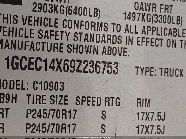 2009 Chevrolet Silverado 1500 Work Truck მანქანა იყიდება აუქციონზე, vin: 1GCEC14X69Z236753, აუქციონის ნომერი: 45894806