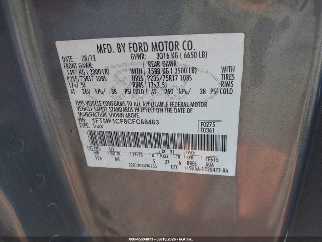 Продажа на аукционе авто 2012 Ford F-150 Xlt, vin: 1FTMF1CF8CFC68463, номер лота: 45894811