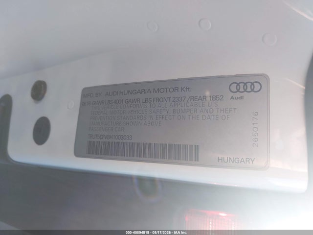 2017 Audi Tt Roadster 2.0t (s Tronic) (no Longer Available For Ordering) მანქანა იყიდება აუქციონზე, vin: TRUT5CFV8H1003033, აუქციონის ნომერი: 45894819