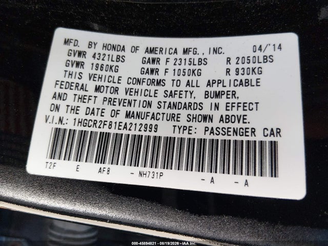 2014 Honda Accord Ex-l მანქანა იყიდება აუქციონზე, vin: 1HGCR2F81EA212999, აუქციონის ნომერი: 45894821