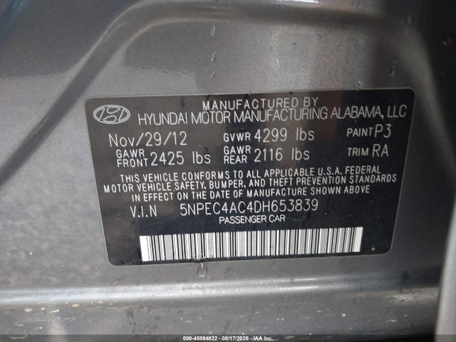 2013 Hyundai Sonata Limited მანქანა იყიდება აუქციონზე, vin: 5NPEC4AC4DH653839, აუქციონის ნომერი: 45894822
