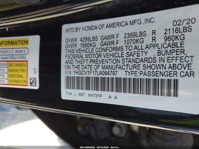 Honda ACCORD LX 2020 1HGCV1F17LA064797 Image 9