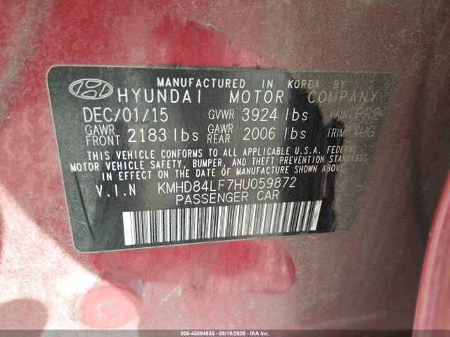 Продажа на аукционе авто 2017 Hyundai Elantra Se, vin: KMHD84LF7HU059872, номер лота: 45894835