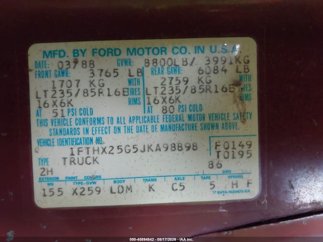 Продажа на аукционе авто 1988 Ford F250, vin: 1FTHX25G5JKA98898, номер лота: 45894842